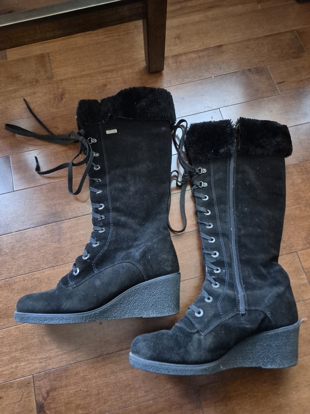Women’s Black Suede Lace-Up Wedge Winter Boots with Faux Fur Cuff